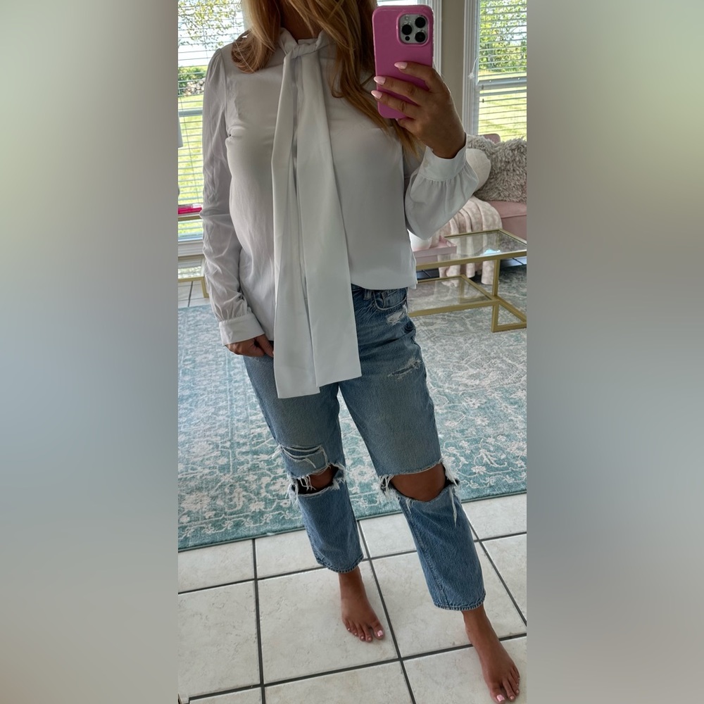Michael Michael Kors White Georgette Tie Neck Blouse womens S
